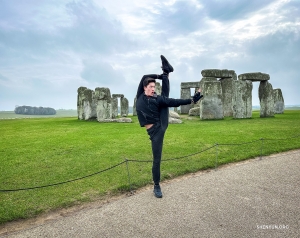 Backdropped by the mysterious structures of Stonehenge, dancer Jesse Browde performs a cháo tiān dēng, a technique that literally means “a step toward the sky.”