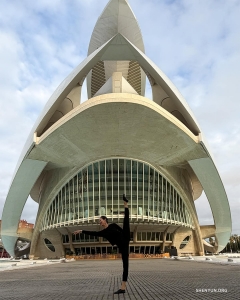 In Valencia, Spain, a dancer celebrates Shen Yun's opening performance at the Palau de les Arts Reina Sofia. 